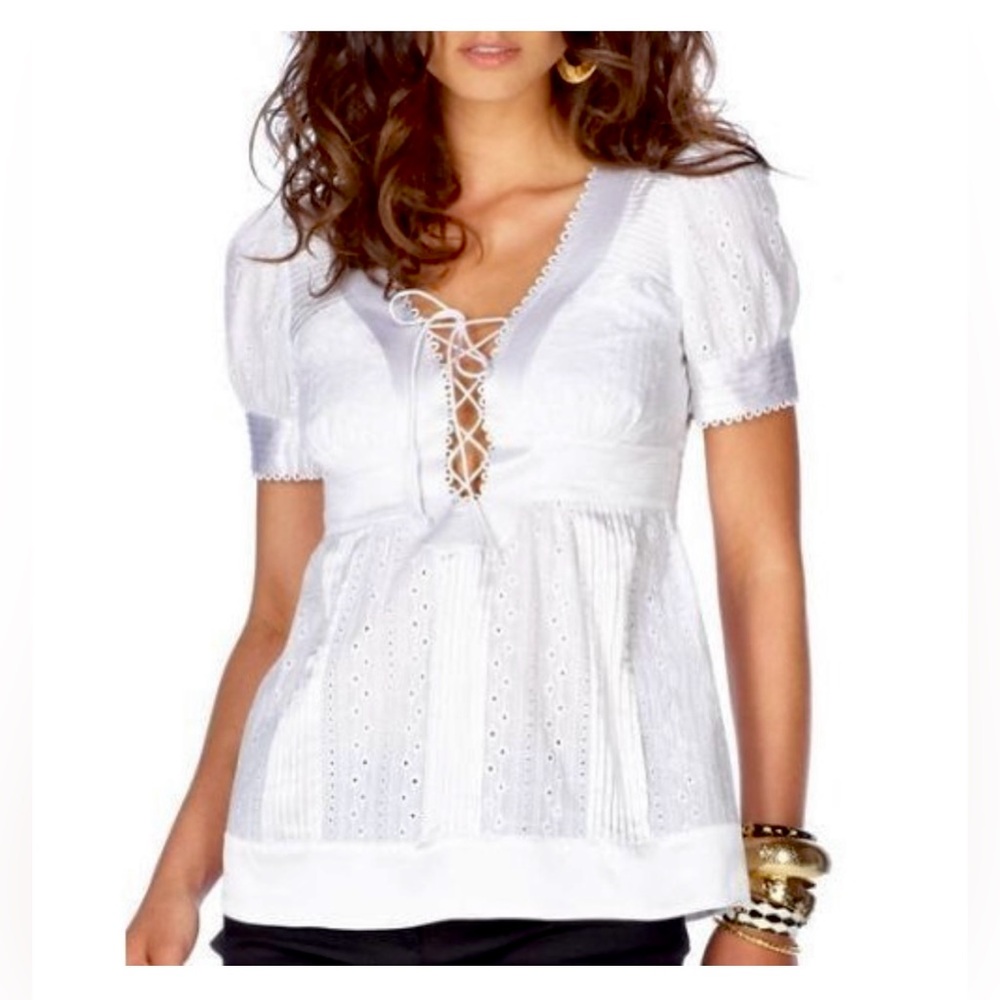 Vintage Bebe Lace-Up Eyelet Peasant Top